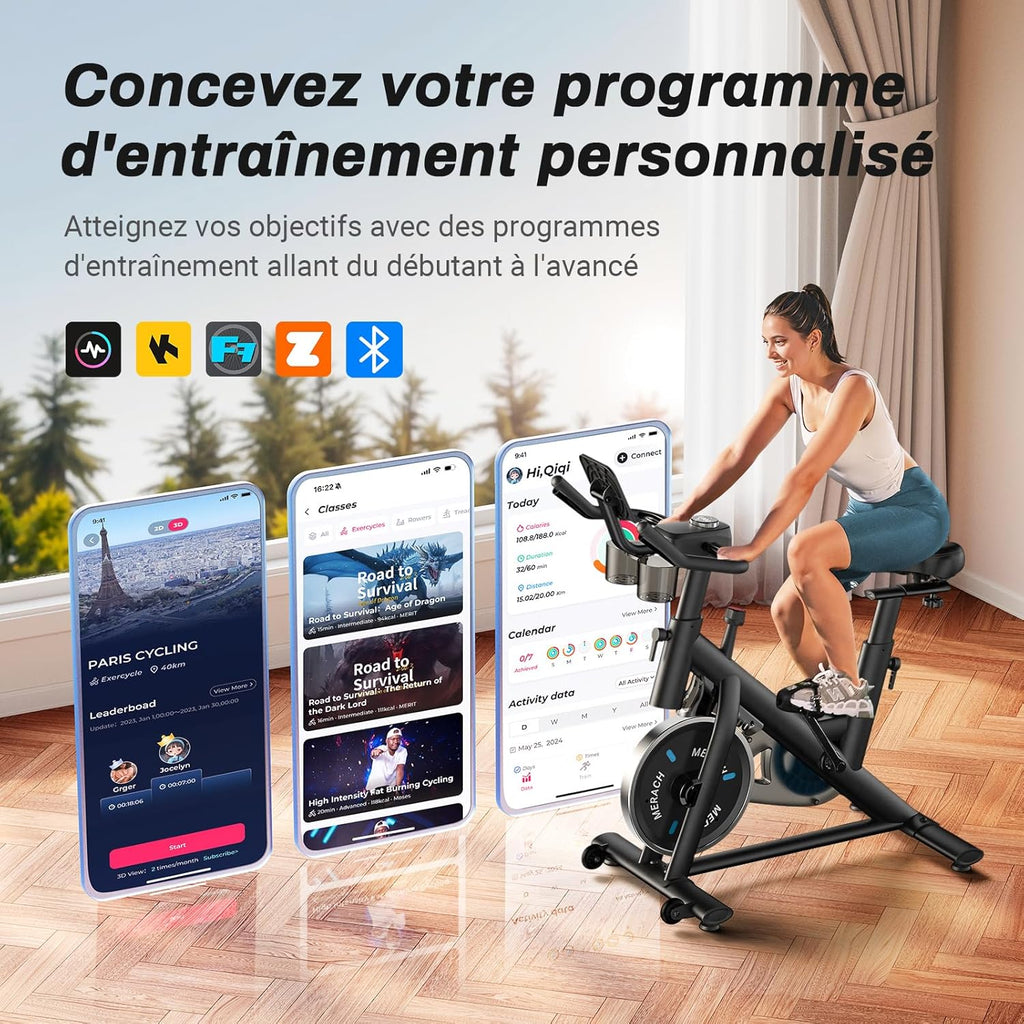 Vélo d'appartement 4 en 1 Ultra-silencieux et Connecté, Résistance Magnétique 16 Niveaux, Écran LCD