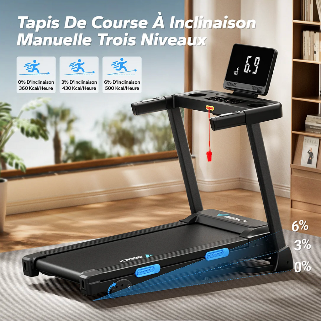Tapis de Course avec 3 niveaux d’inclinaison Pliable Connecté, Vitesse Réglable de 0,8 à 12 km/h, Écran LED